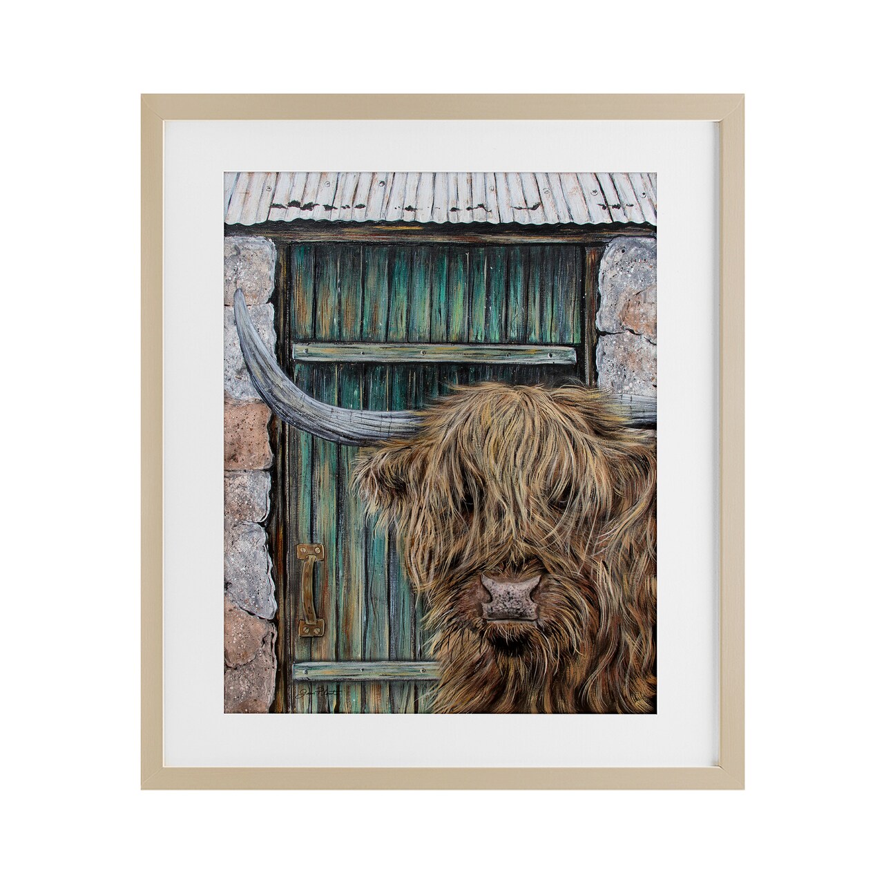Stupell Industries Highland Cow by Barn Door Framed Print Under Glass, design by Jean Plout